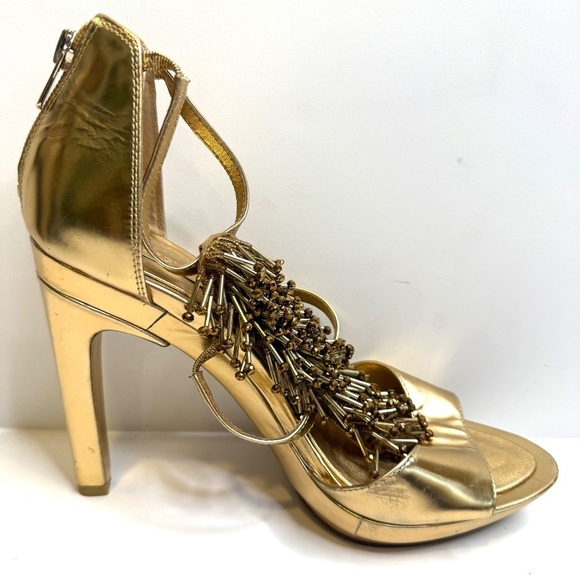 BCBGMaxAzria Gold Fringe T-Strap Platform Stiletto Heels Size 8.5 Beads - Picture 5 of 9